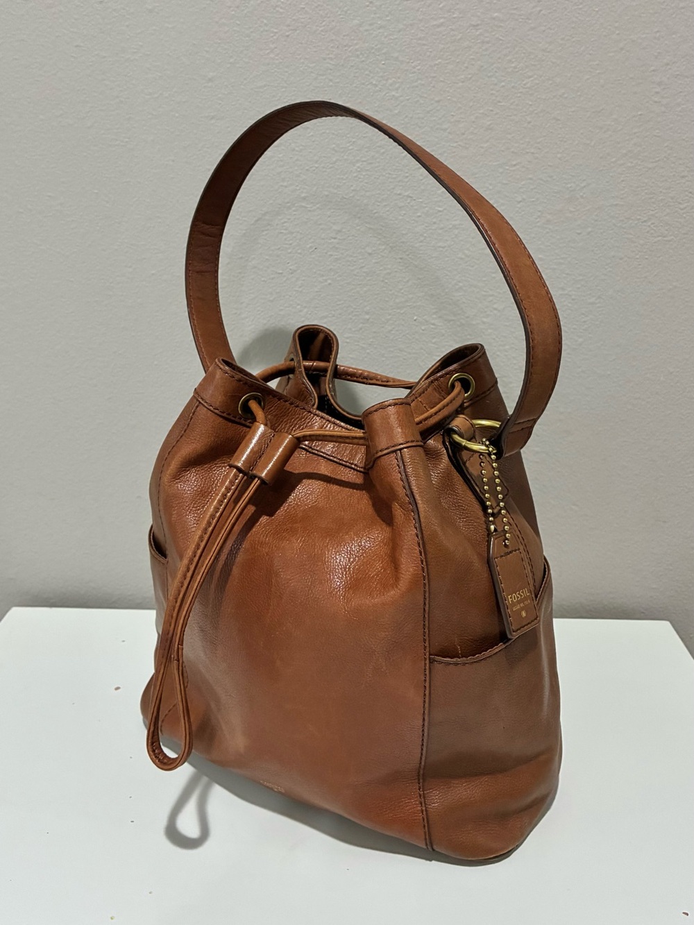 Fossil Women's Brown Leather Drawstring Bucket Bag - Picture 5 of 9